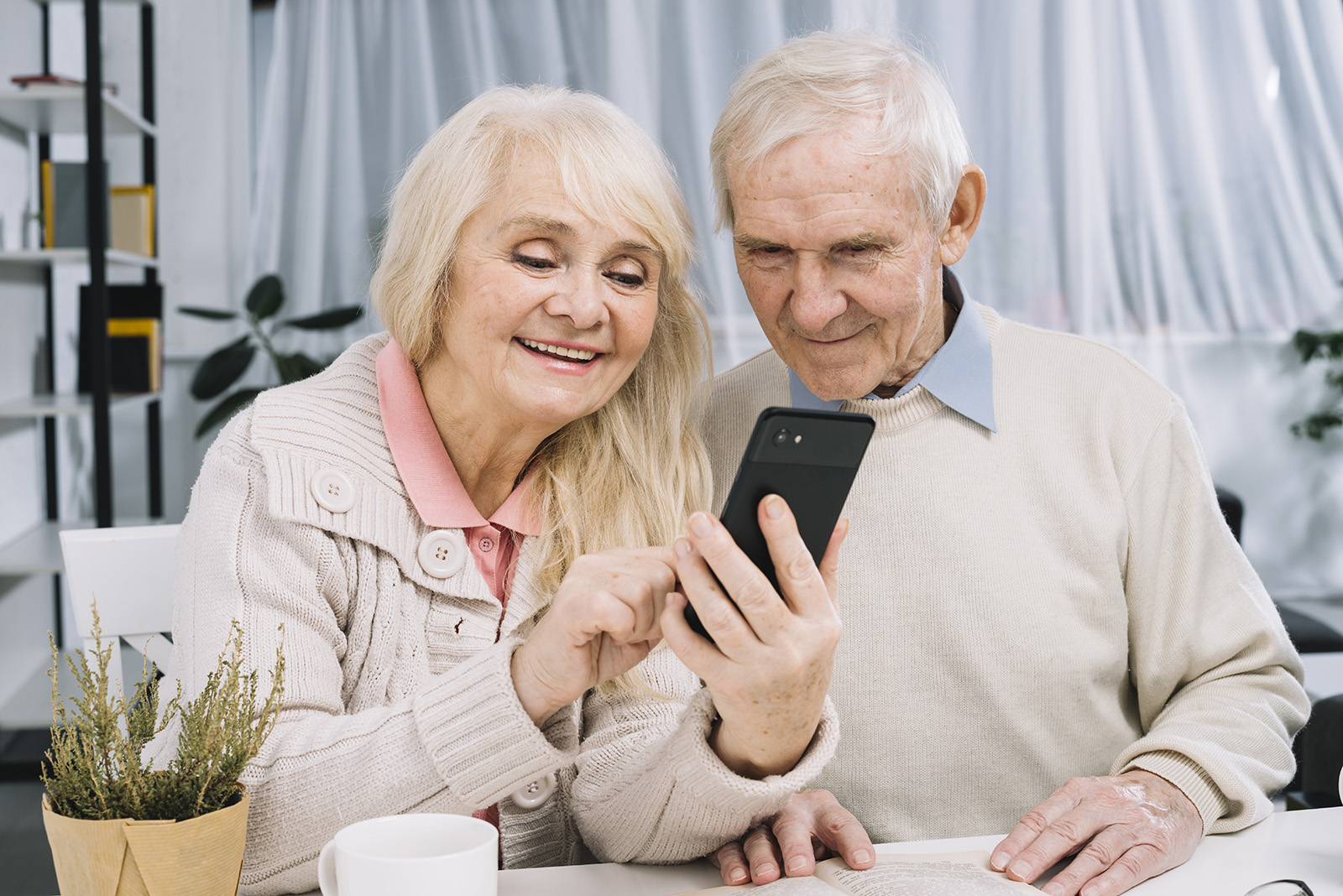 senior couple looking at a smartphone