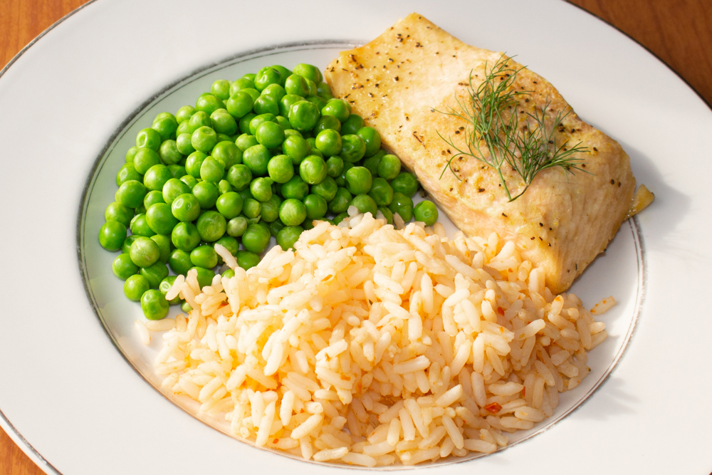Baked Salmon with peas and rice
